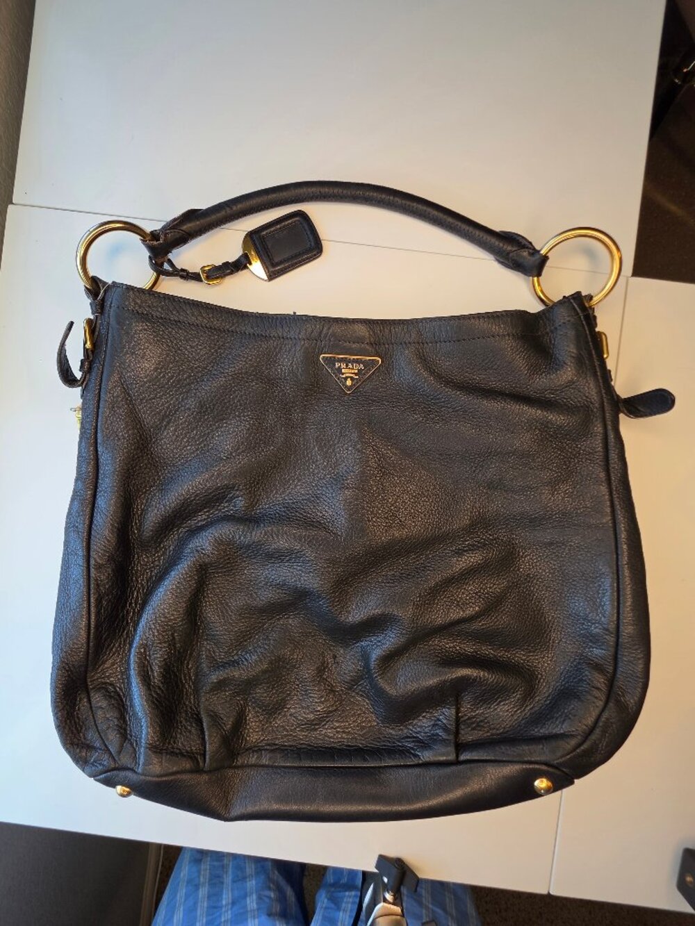 Prada Vitello Daino Black Leather Hobo Shoulder Bag Side Zip Gold Hardware